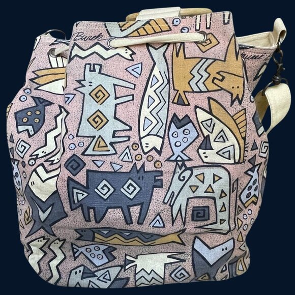 Laurel Burch Canvas Shoulder Tote BUcket Bag Purse Tribal Animal Bamboo Handle - Picture 7 of 9